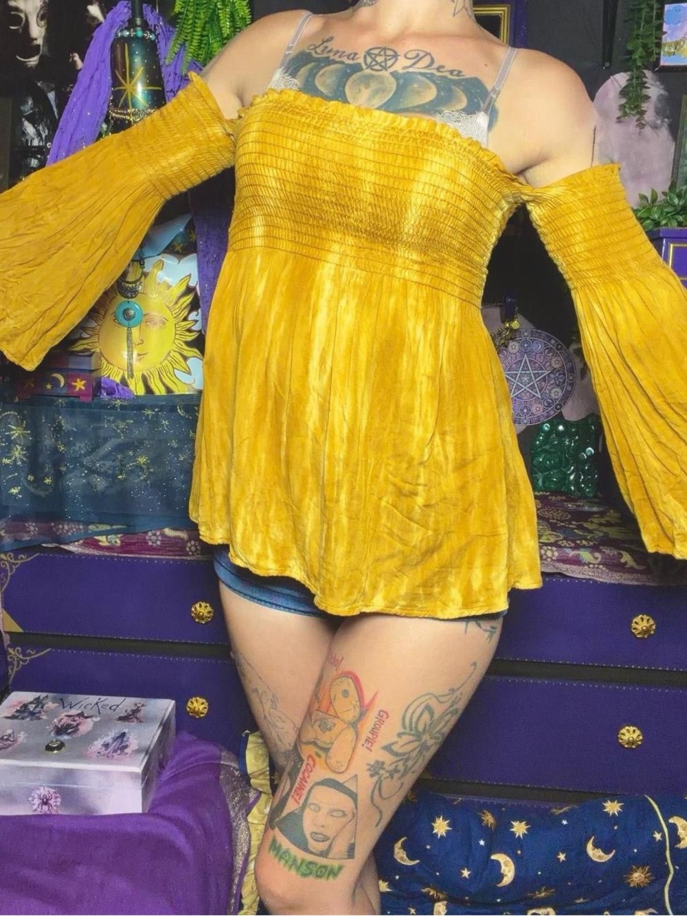 Boho Golden Yellow Open Shoulder Smocked Bell Sleeve Top Small